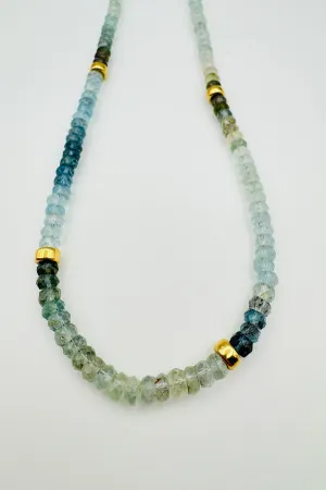 19" LARGE GRADIENT AQUAMARINE NECKLACE WITH GOLD SPACERS secret charm 19" LARGE GRADIENT AQUAMARINE NECKLACE WITH GOLD SPACERS polished feel