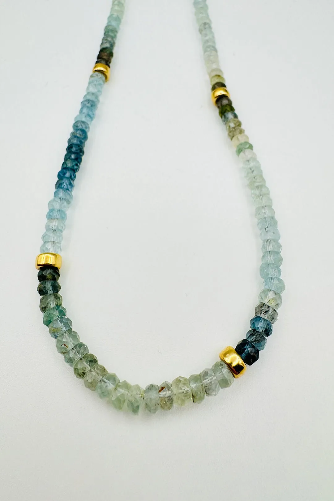 19" LARGE GRADIENT AQUAMARINE NECKLACE WITH GOLD SPACERS polished feel