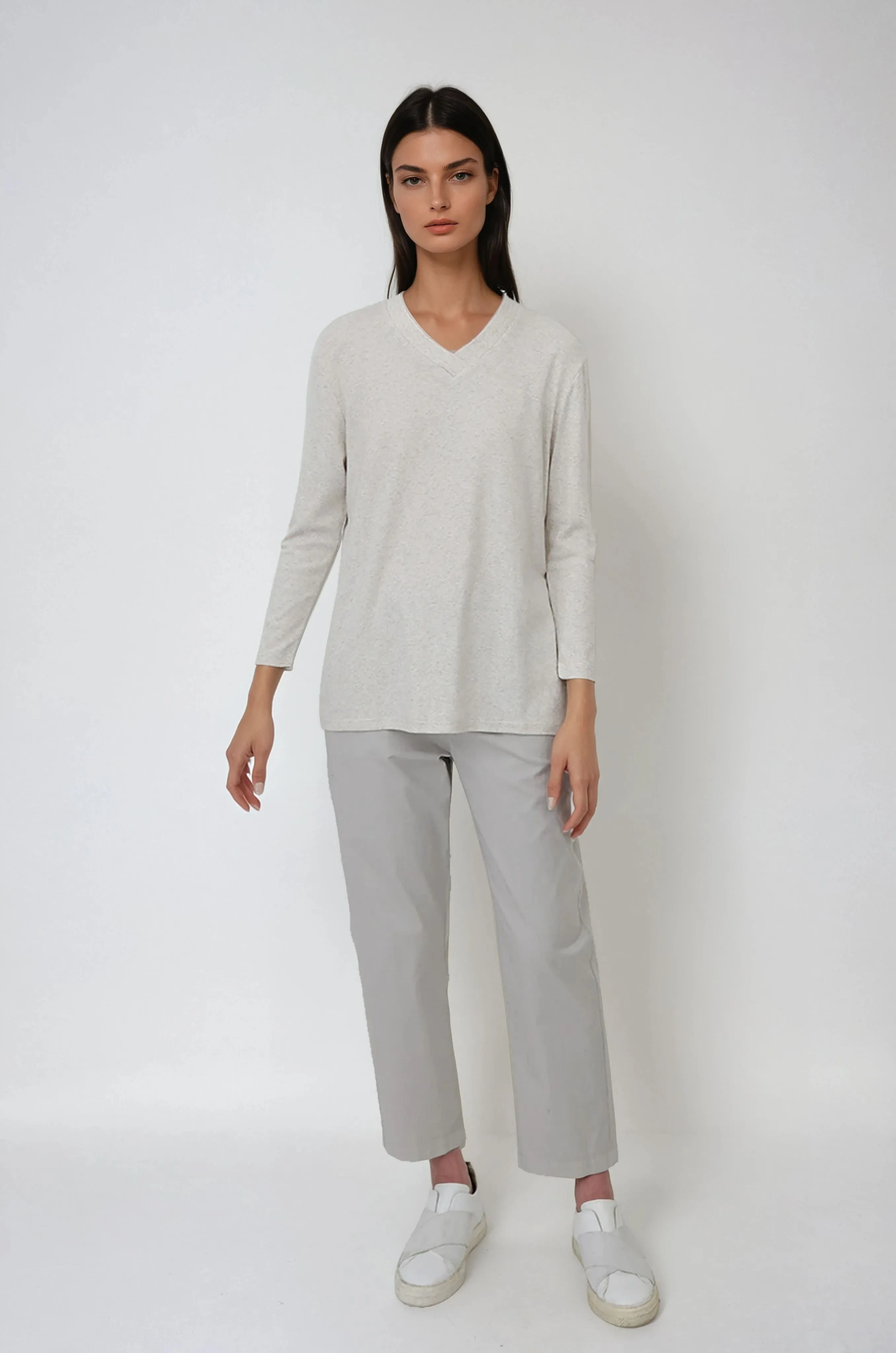 A LINE V NECK BRACELET SLEEVE IN HEATHERED PIMA STRETCH mom approved