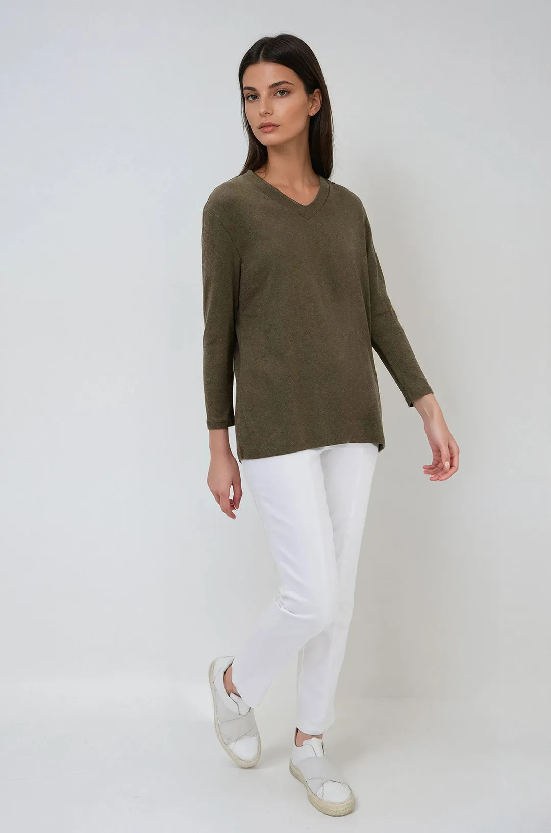 A LINE V NECK BRACELET SLEEVE IN HEATHERED PIMA STRETCH quality vibe