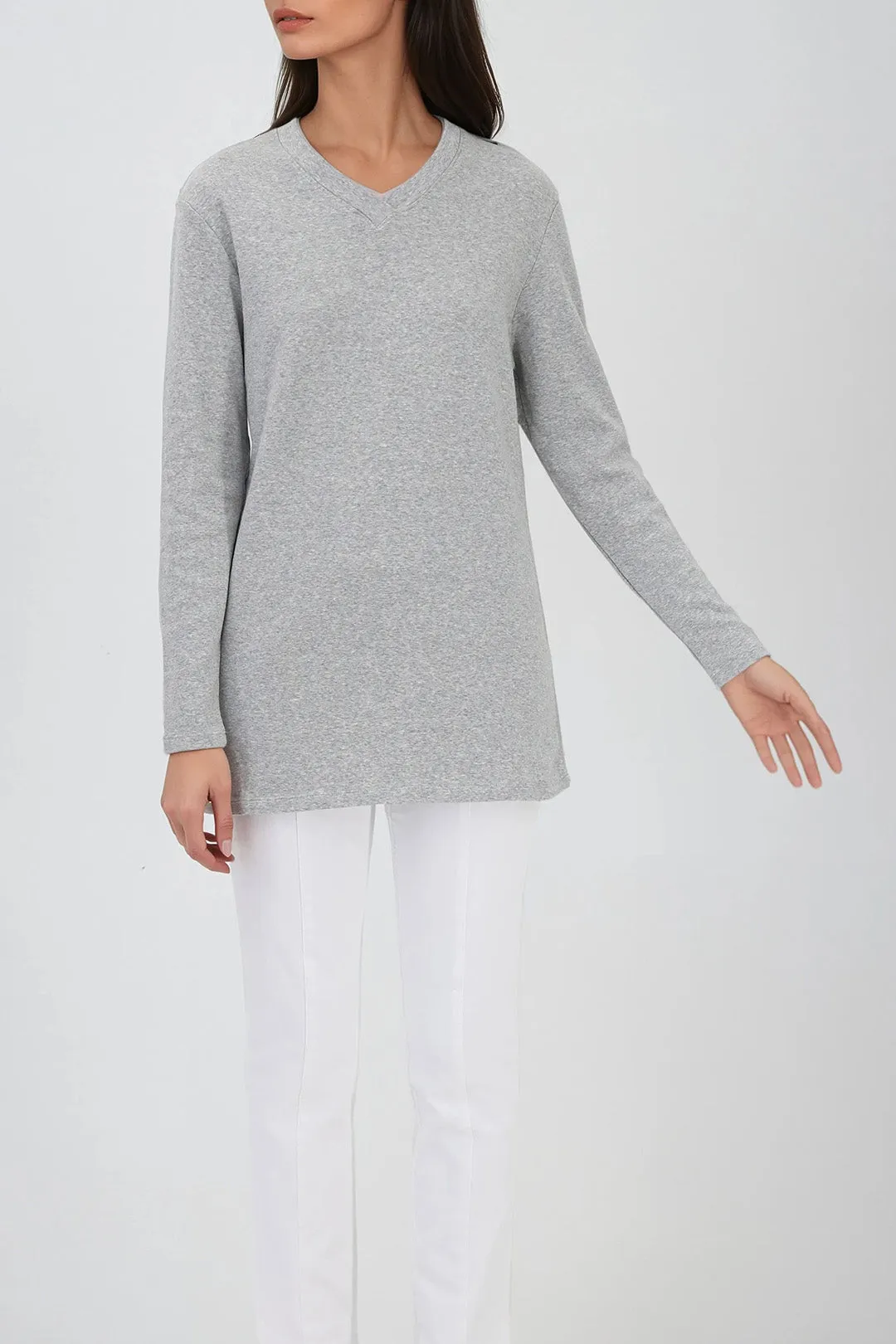 A LINE V NECK LONG SLEEVE TUNIC IN HEATHERED PIMA STRETCH calm tone