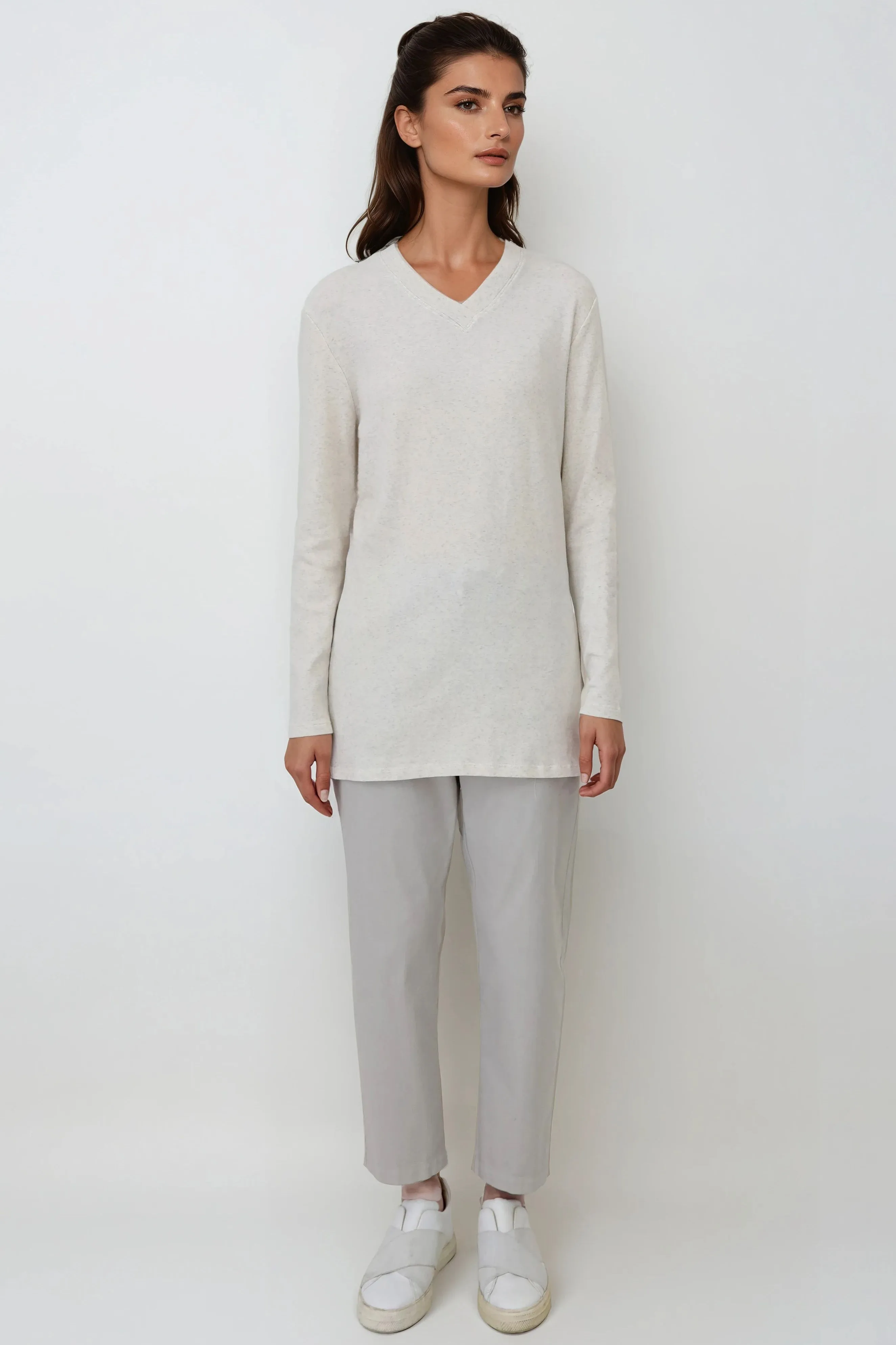 A LINE V NECK LONG SLEEVE TUNIC IN HEATHERED PIMA STRETCH nature muse
