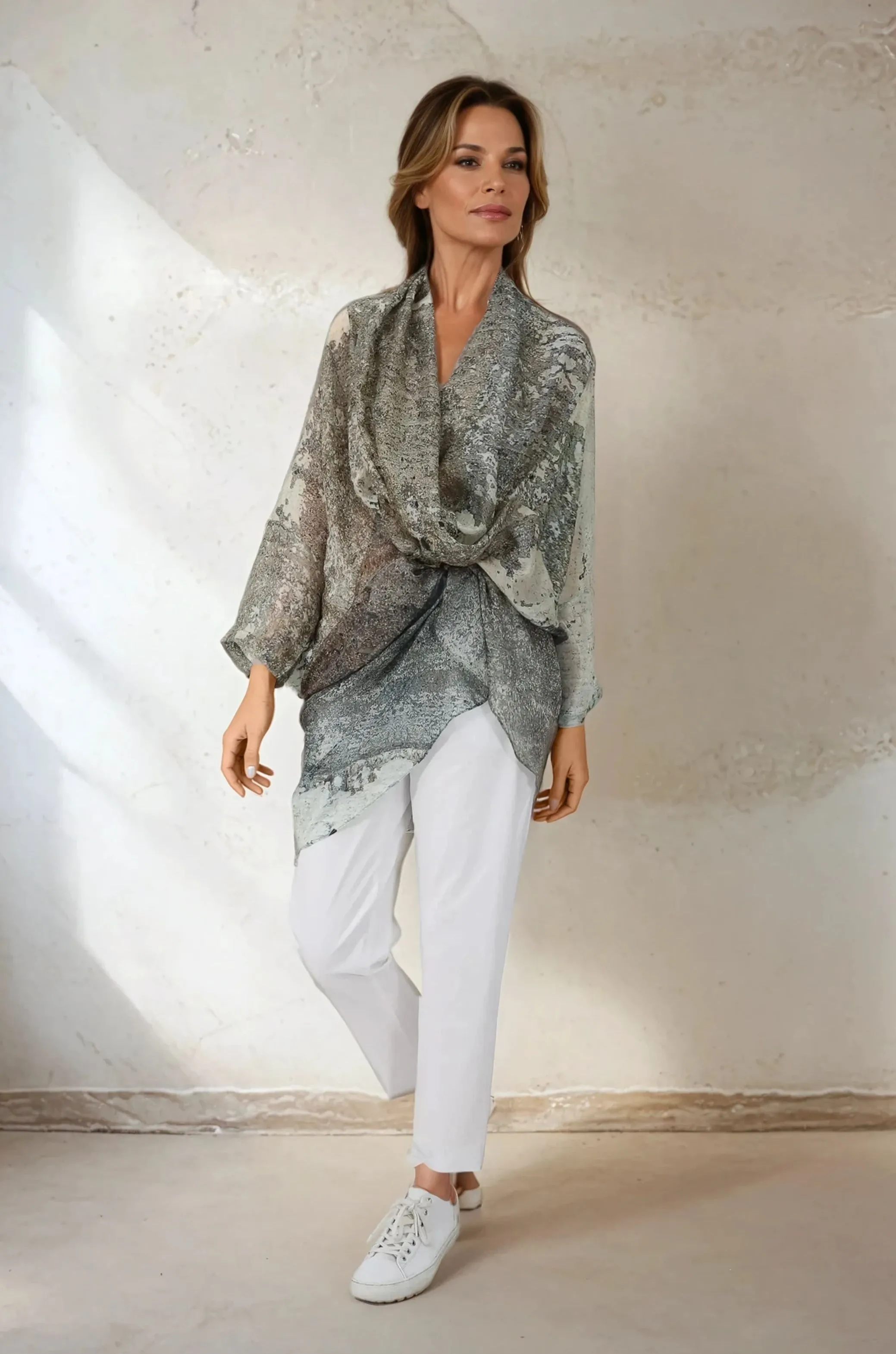 ATHENA CAPE WRAP IN PRINTED SILK VOILE NEUTRAL-BEIGE easy match