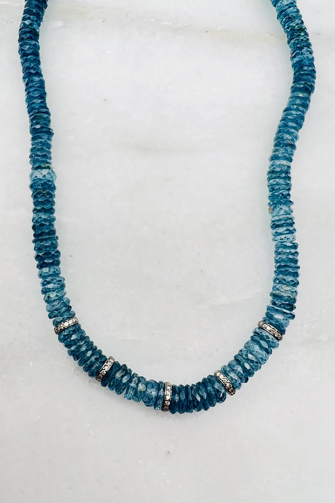 Blue Topaz Heishi w 5 Single Diamond Segments aesthetic vibe