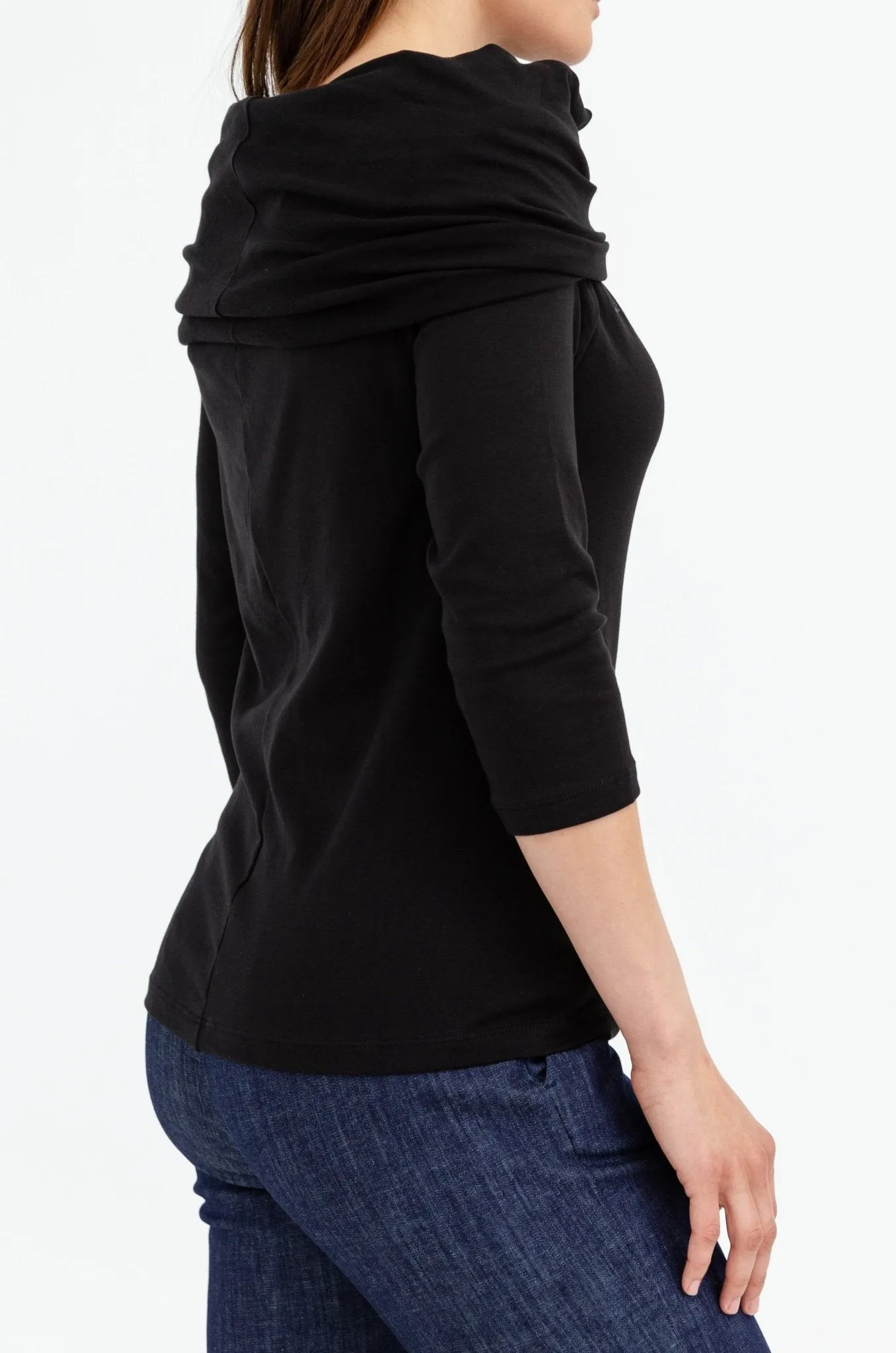 CONVERTIBLE COWL NECK 3/4 SLEEVE OFF SHOULDER TOP IN PIMA COTTON STRETCH relaxed vibe