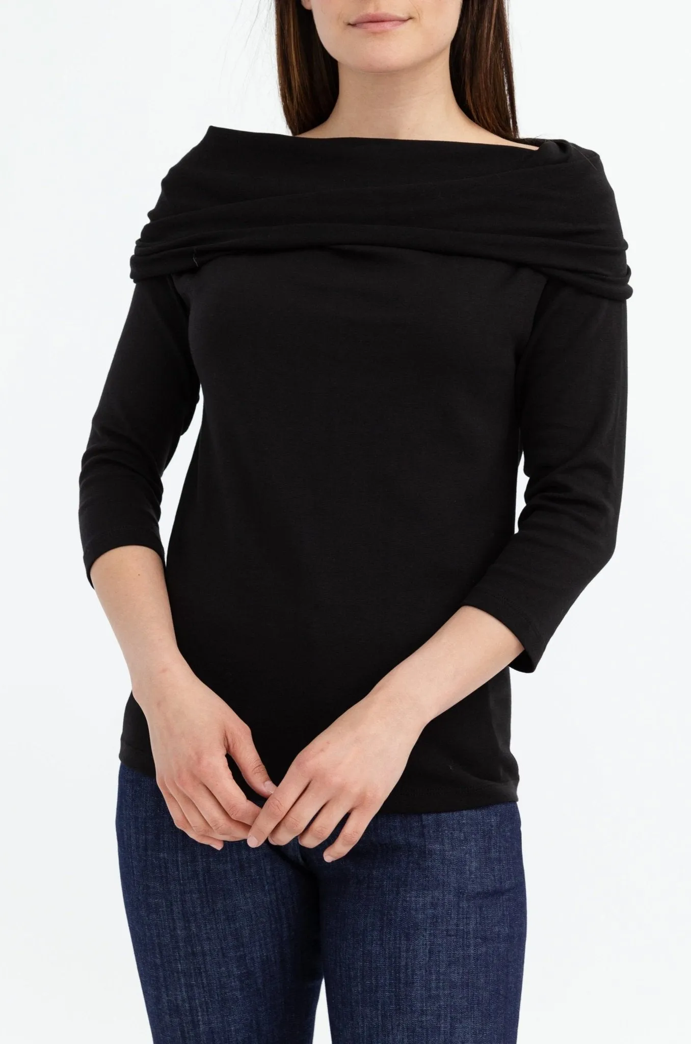 CONVERTIBLE COWL NECK 3/4 SLEEVE OFF SHOULDER TOP IN PIMA COTTON STRETCH slow joy