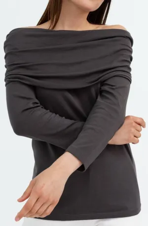 CONVERTIBLE COWL NECK 3/4 SLEEVE OFF SHOULDER TOP IN PIMA COTTON STRETCH warm choice CONVERTIBLE COWL NECK 3/4 SLEEVE OFF SHOULDER TOP IN PIMA COTTON STRETCH kid safe