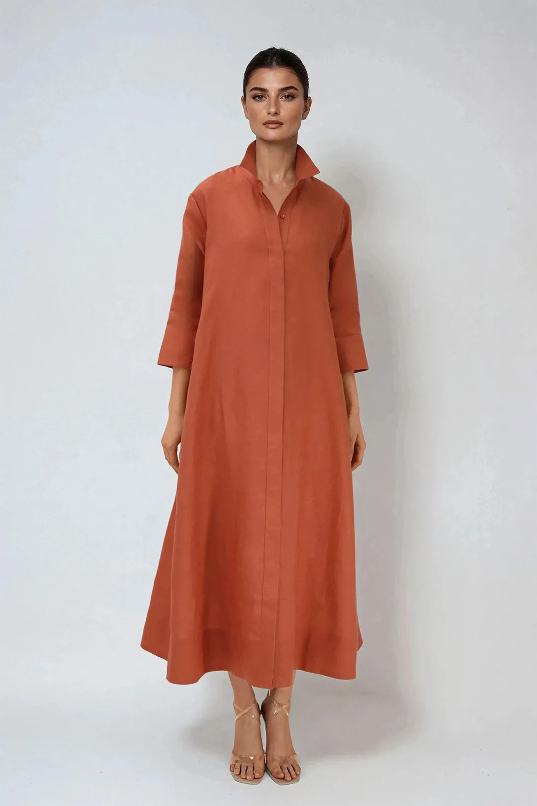 DANNI DRESS IN ITALIAN LINEN BRICK skin-like feel
