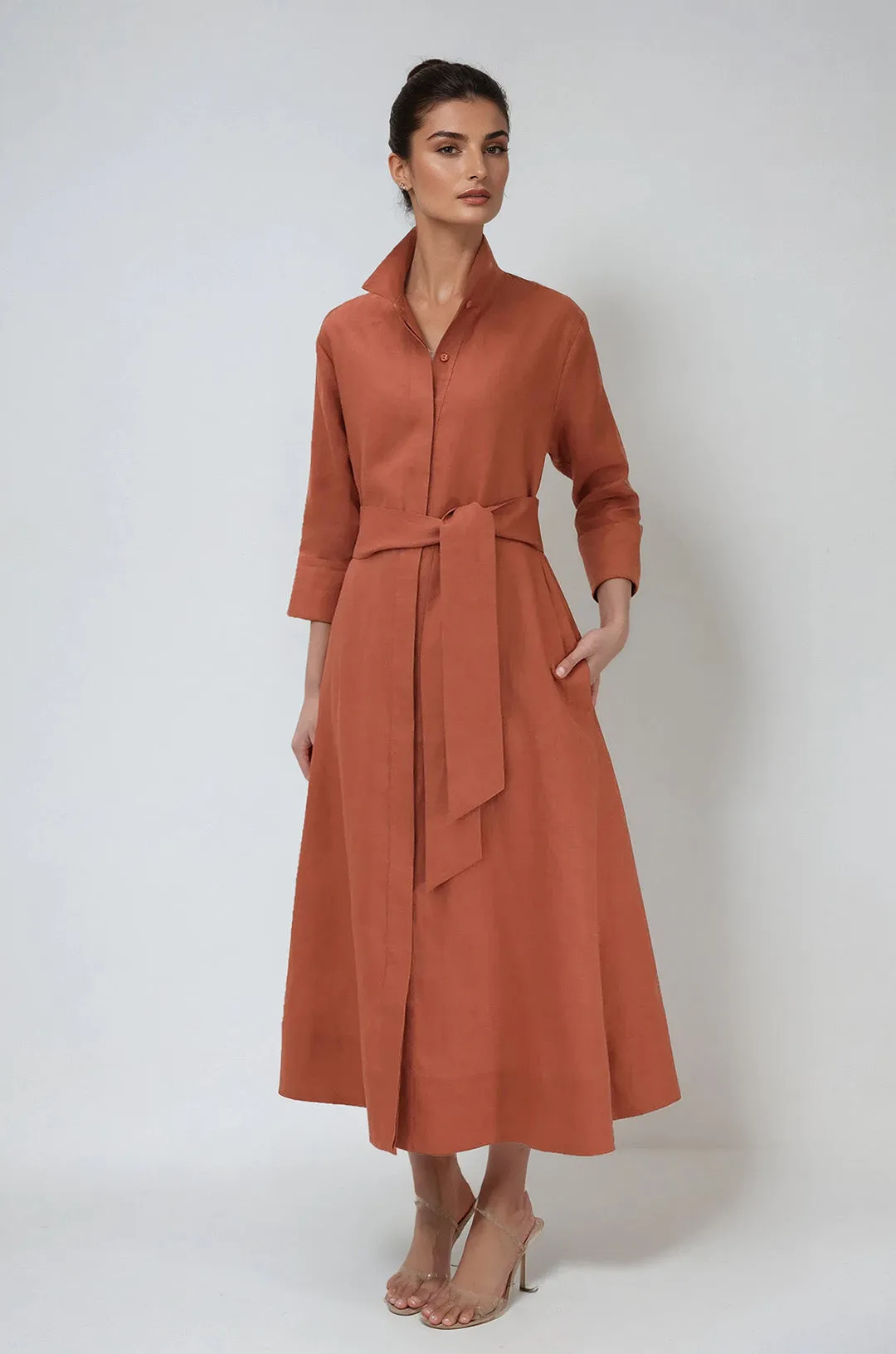 DANNI DRESS IN ITALIAN LINEN BRICK mind unwind