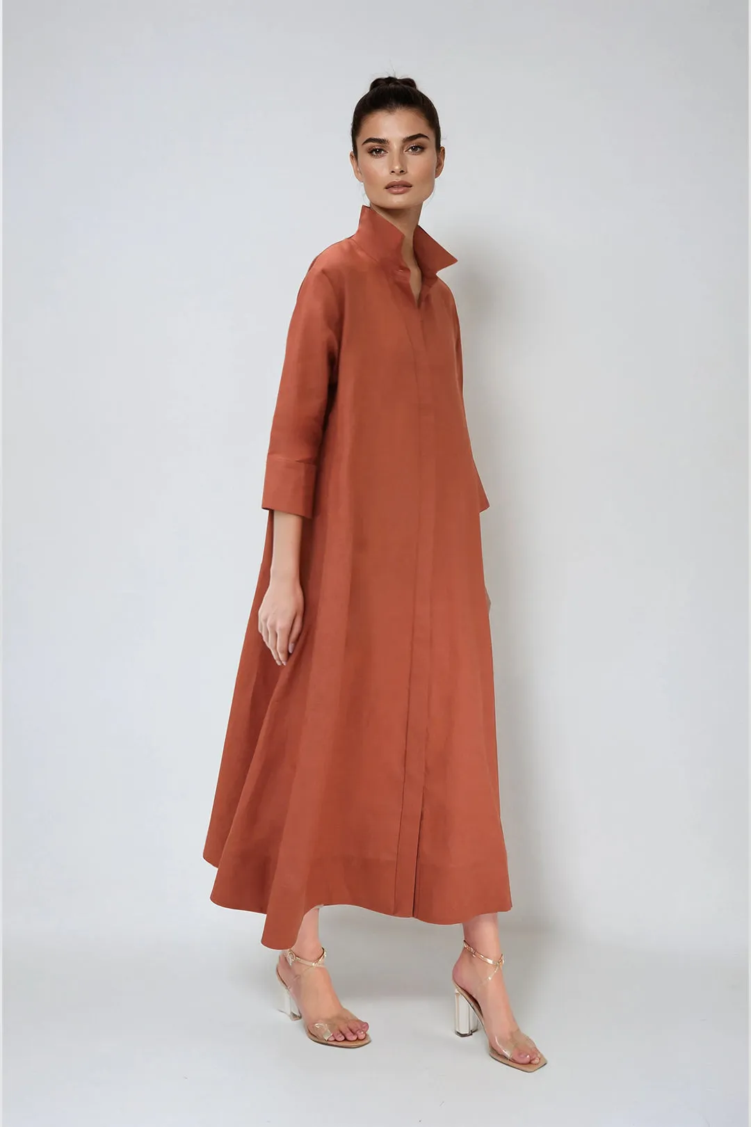DANNI DRESS IN ITALIAN LINEN BRICK soft layer
