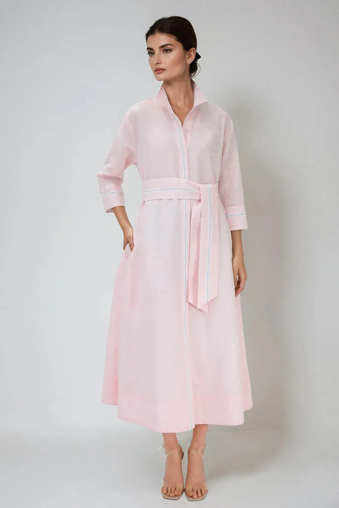 DANNI DRESS IN ITALIAN LINEN PINK STRIPE self grounding