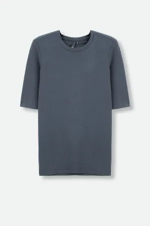 ELBOW SLEEVE CREW IN PIMA COTTON STRETCH PETROL ageless look ELBOW SLEEVE CREW IN PIMA COTTON STRETCH PETROL blank thought