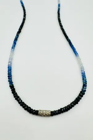GRADIENT BLUE SAPPHIRE NECKLACE WITH DIAMOND TUBE BEAD muted tone GRADIENT BLUE SAPPHIRE NECKLACE WITH DIAMOND TUBE BEAD romantic mood