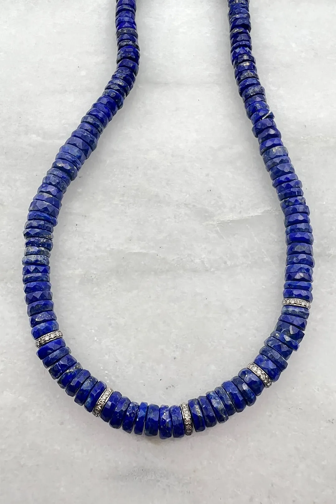 LAPIS HEISHI BEADED NECKLACE WITH 5 SINGLE DIAMOND SEGMENTS timeless charm
