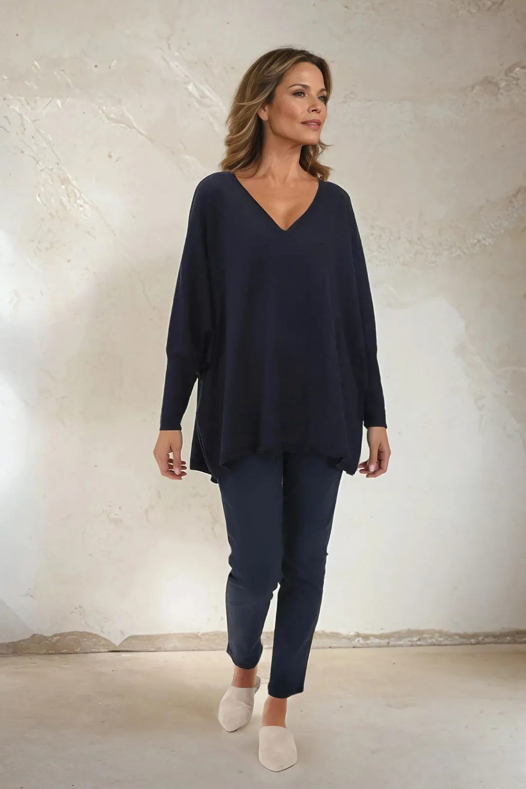 LENA LONG SLEEVE V-NECK PONCHO IN PIMA COTTON KNIT layering ready