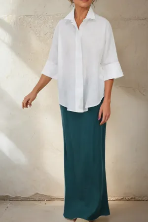 LEONORA BIAS SKIRT IN ITALIAN LINEN TEAL quiet mood