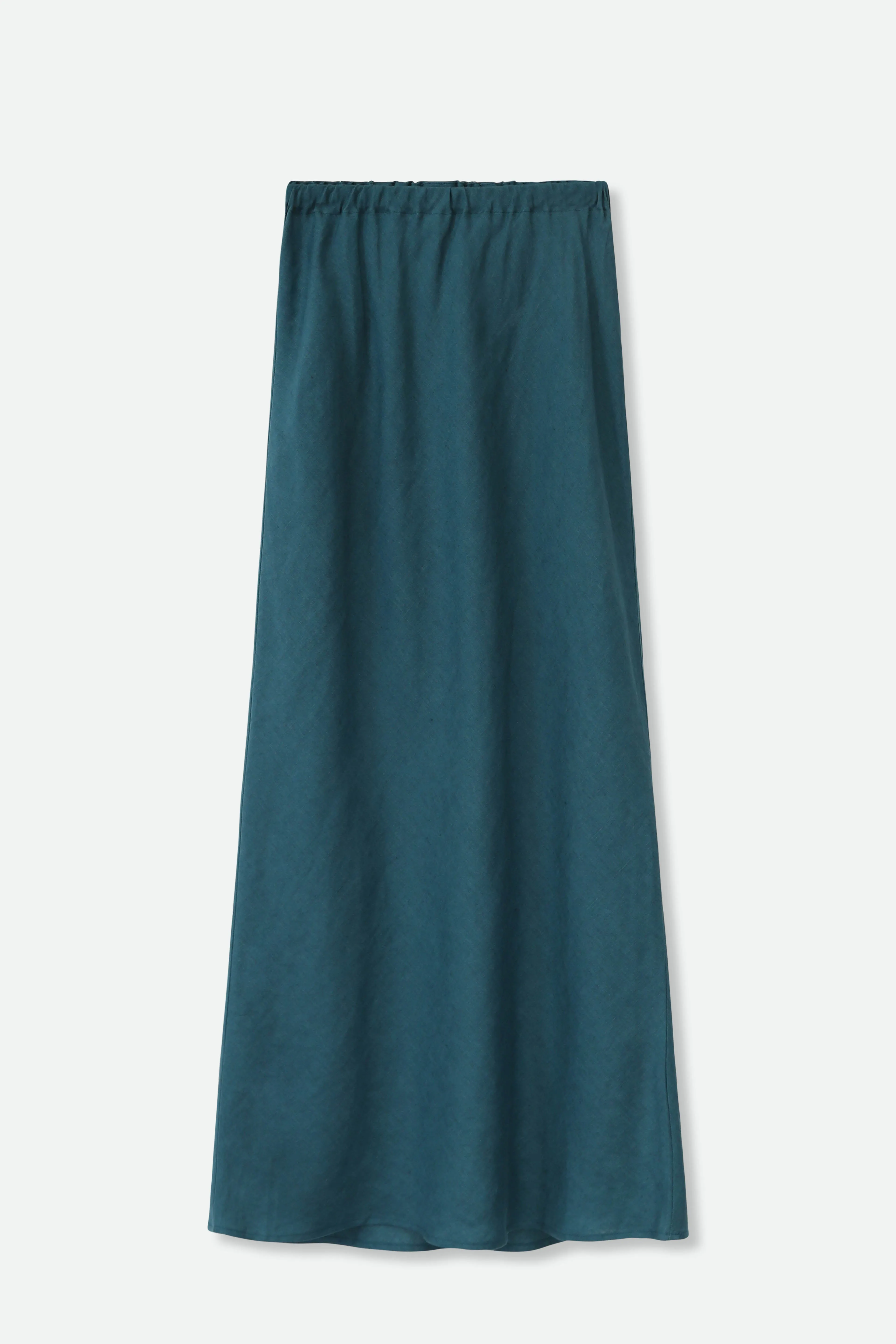 LEONORA BIAS SKIRT IN ITALIAN LINEN TEAL detail focus