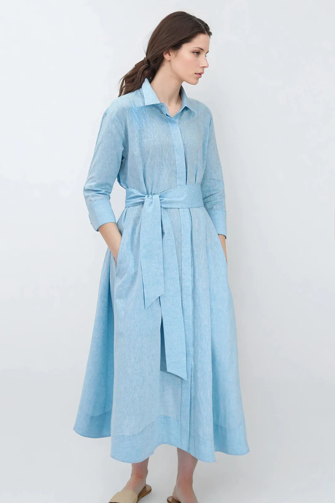 LIGHTWEIGHT DANNI DRESS IN ITALIAN LINEN COTTON AQUA MELANGE poetic daily