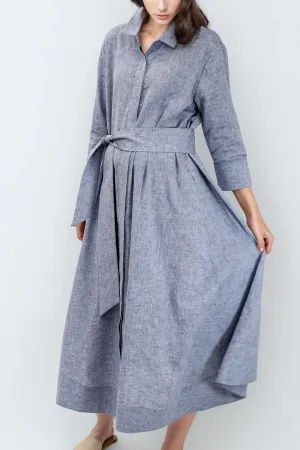 LIGHTWEIGHT DANNI DRESS IN ITALIAN LINEN COTTON NAVY MELANGE quiet grace