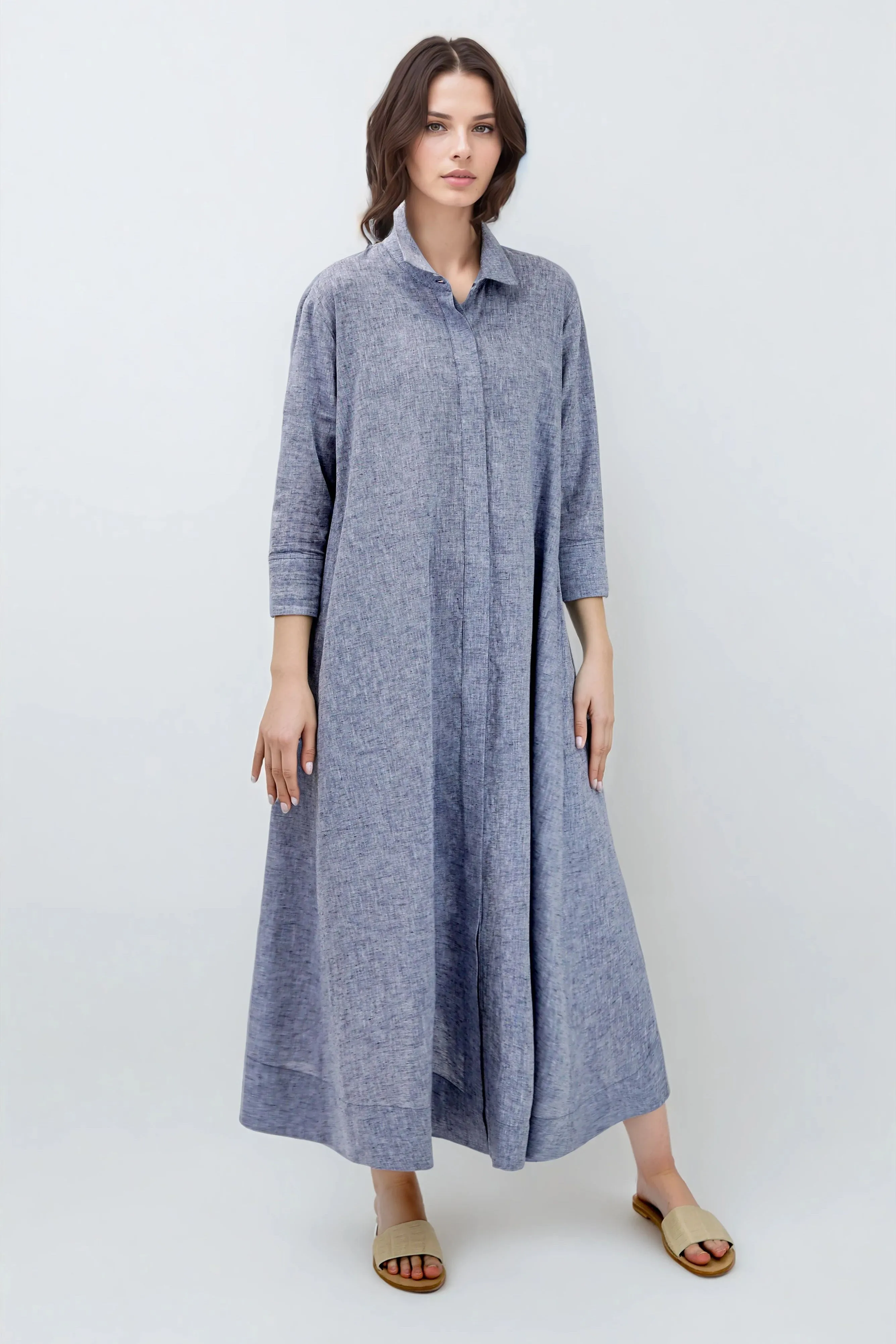 LIGHTWEIGHT DANNI DRESS IN ITALIAN LINEN COTTON NAVY MELANGE carried vibe