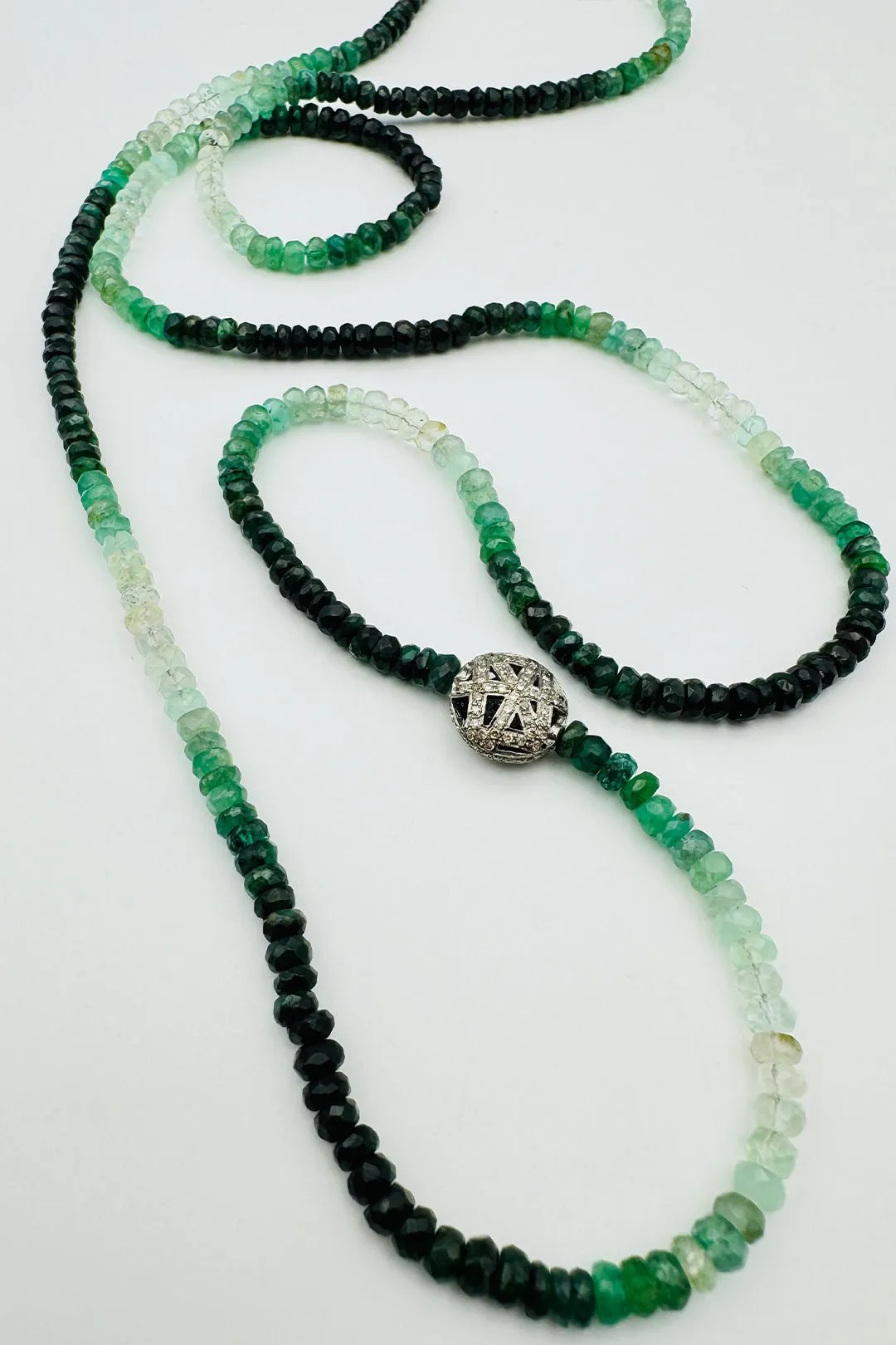 LONG EMERALD NECKLACE WITH DIAMOND FILIGREE BEAD cozy luxe
