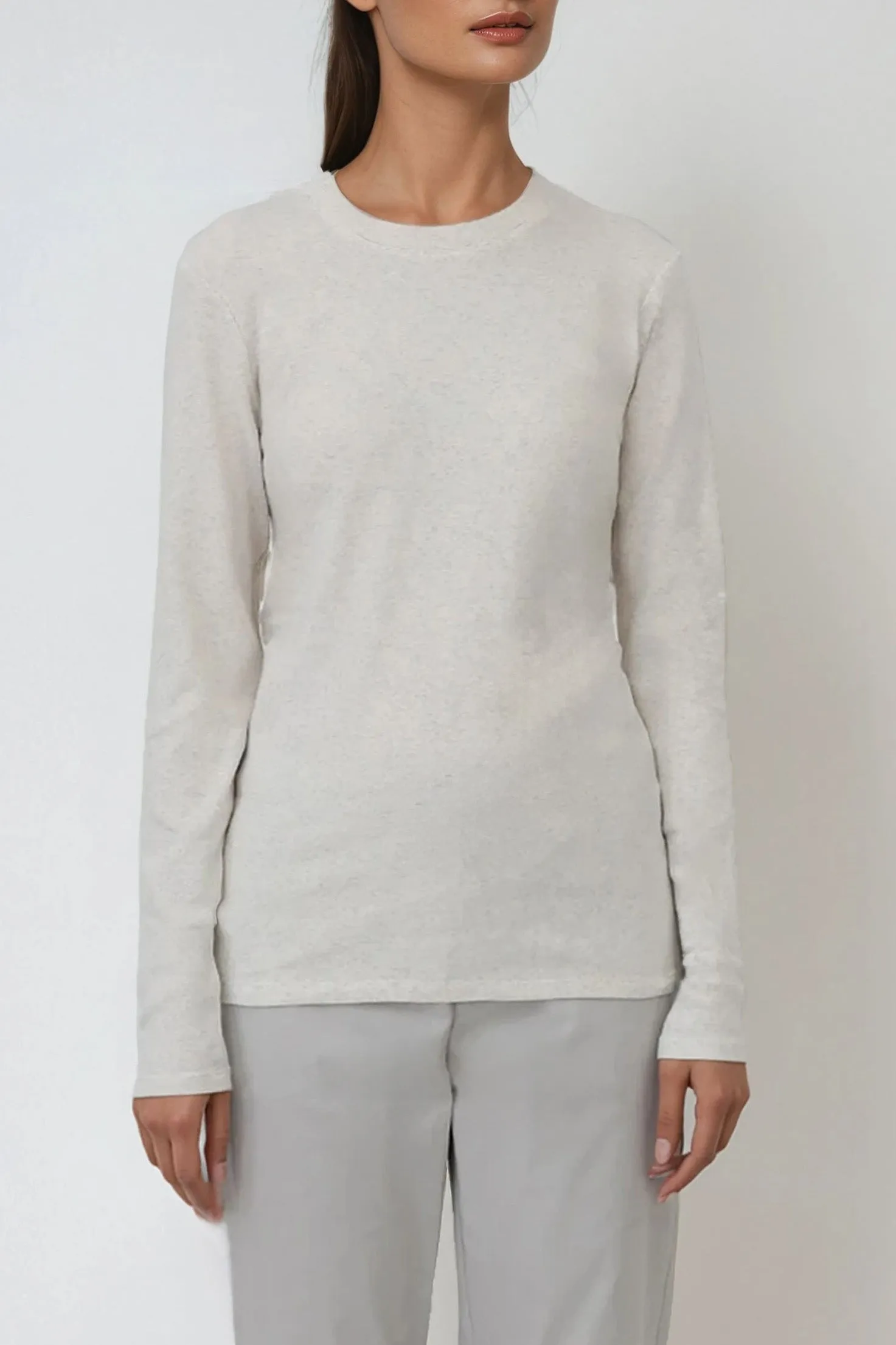 LONG SLEEVE CREW IN HEATHERED PIMA STRETCH sustainable pick