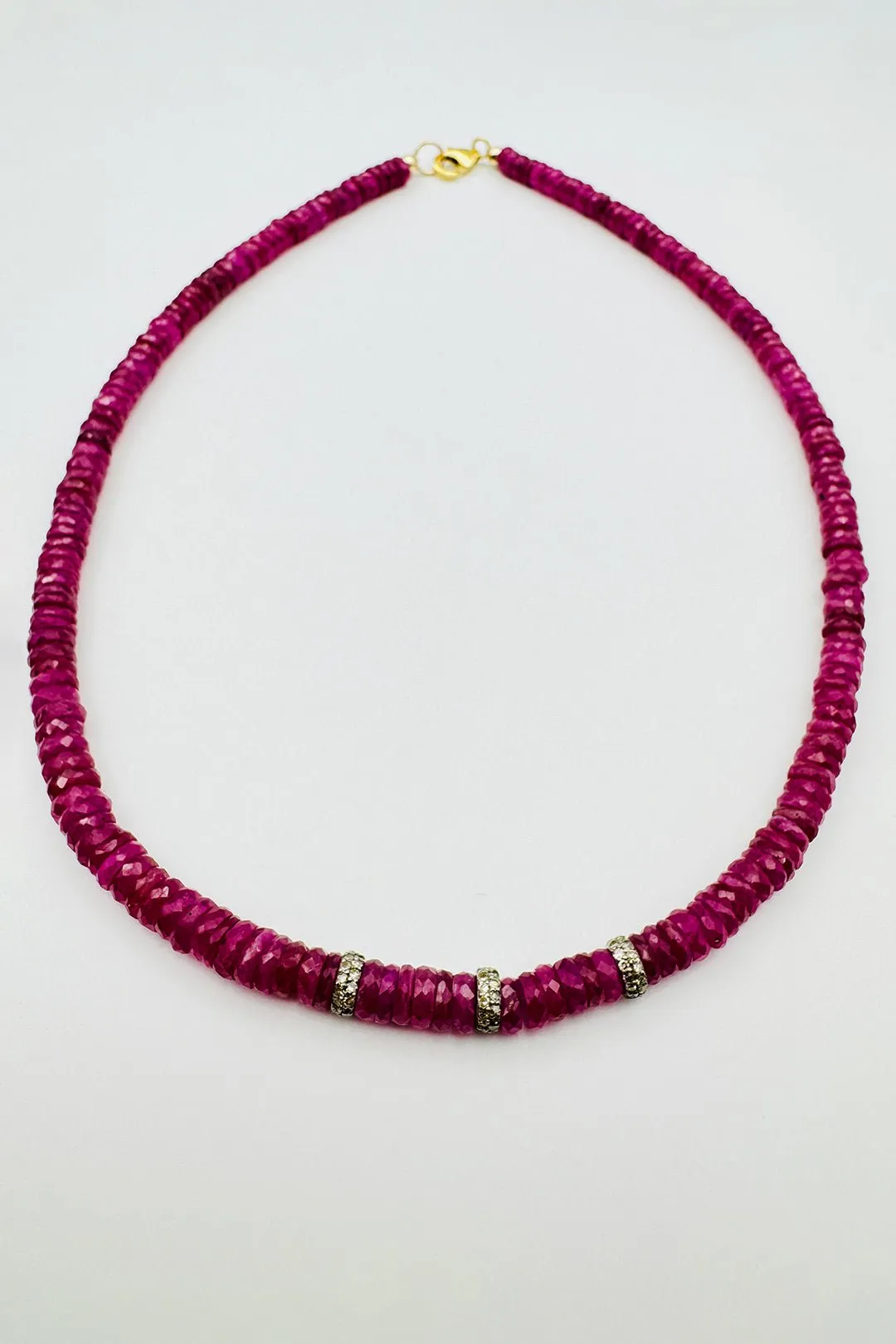 PINK SAPPHIRE HEISHI NECKLACE WITH 3 DOUBLE DIAMOND SPACERS seasonal vibe