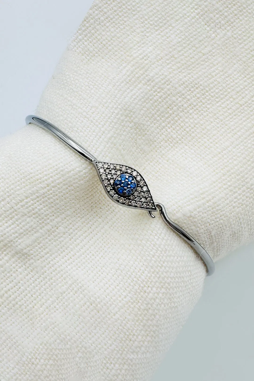 RHODIUM SILVER DIAMOND & SAPPHIRE EVIL EYE BANGLE touch magic