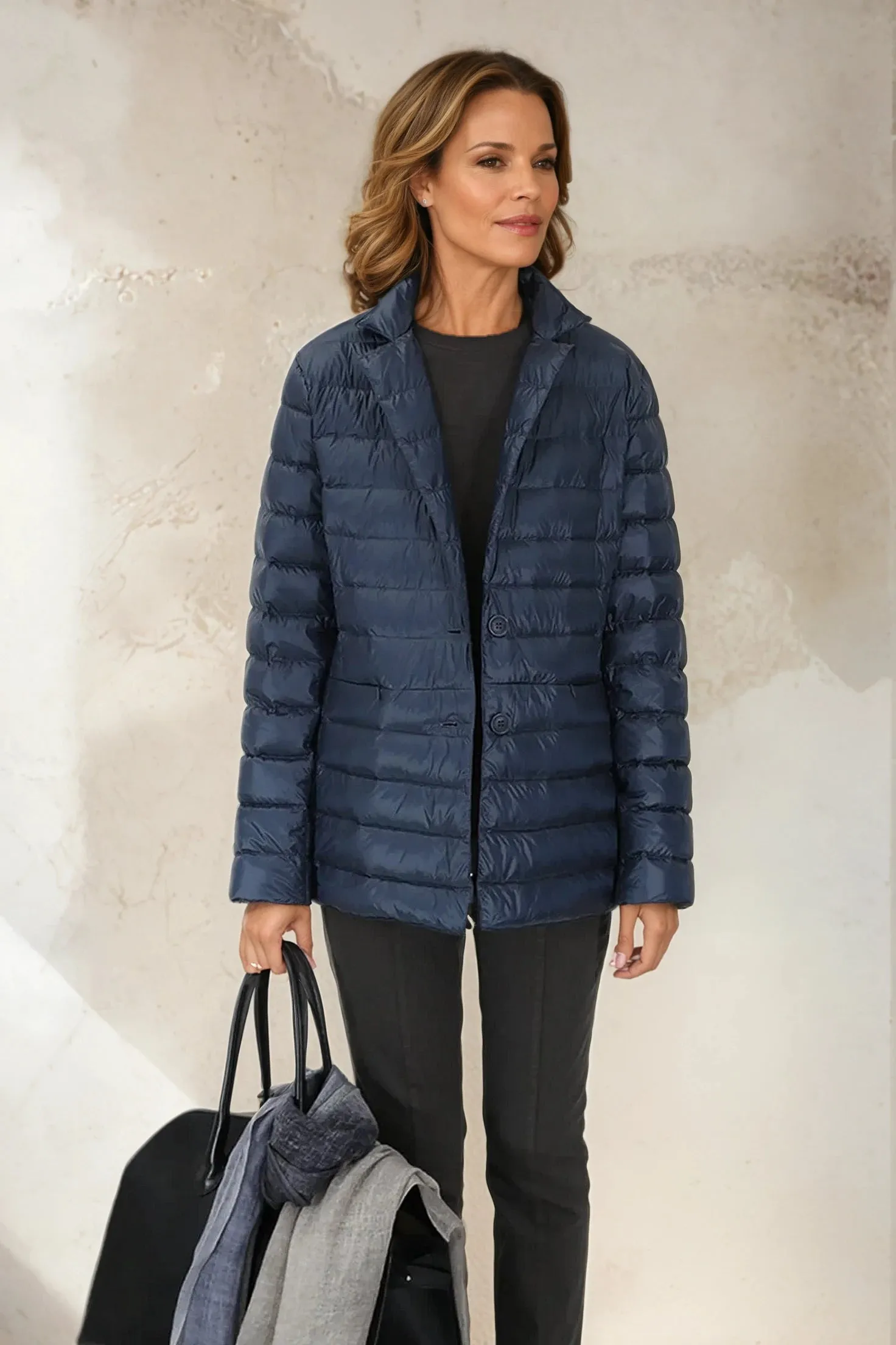 ROMA BLAZER IN GOOSE DOWN airport look