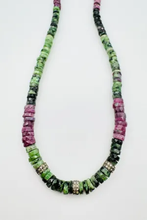 RUBY ZOISITE HEISHI NECKLACE WITH 3 DOUBLE DIAMOND RHONDELS beach look RUBY ZOISITE HEISHI NECKLACE WITH 3 DOUBLE DIAMOND RHONDELS tailored look