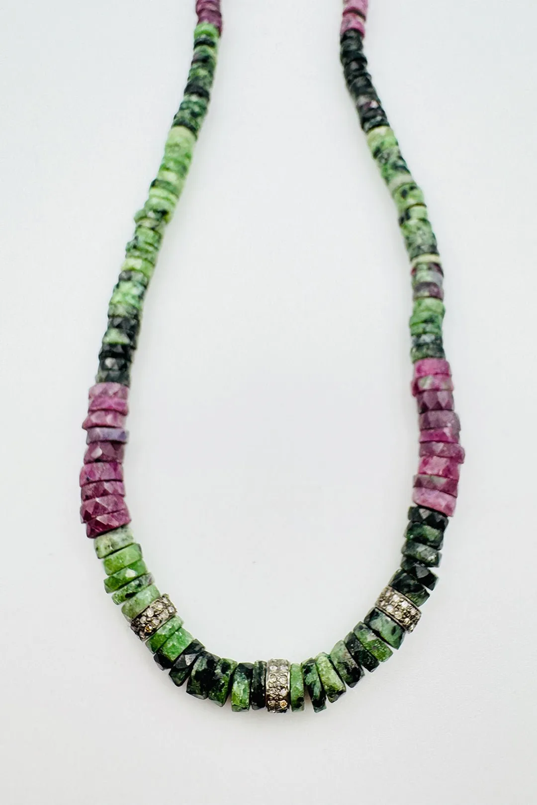 RUBY ZOISITE HEISHI NECKLACE WITH 3 DOUBLE DIAMOND RHONDELS tailored look