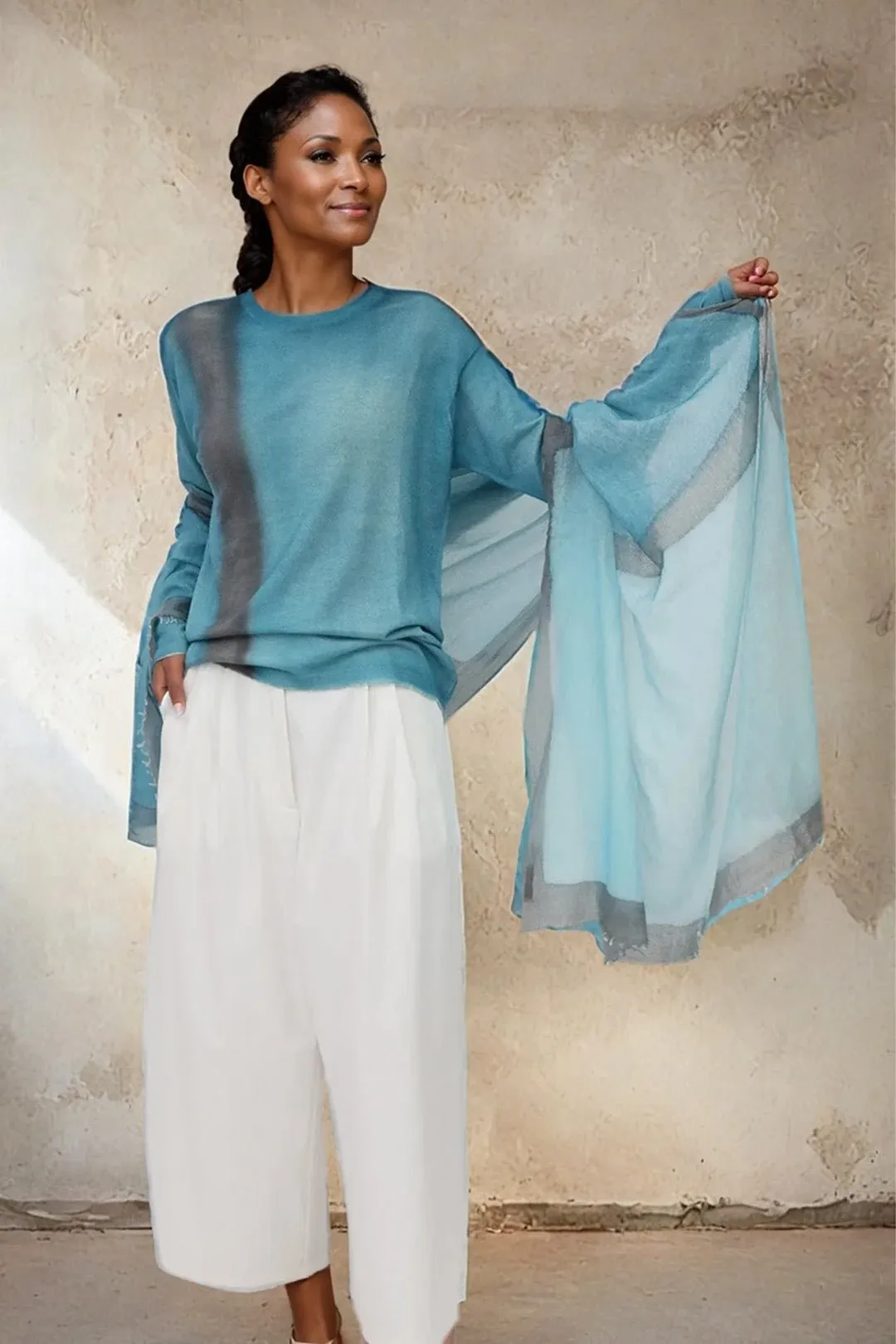 SHILOH CREW IN HAND-DYED CASHMERE TURQUOISE SQUARES city knit