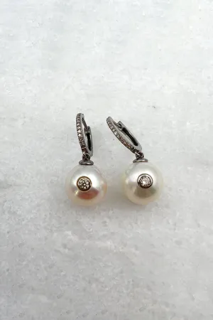 Silver Pave Huggies w Diamond Bezel Pearl city mood Silver Pave Huggies w Diamond Bezel Pearl moody glow