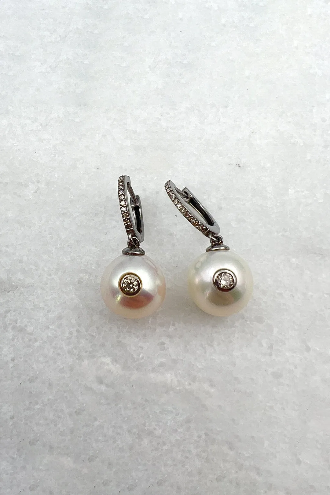 Silver Pave Huggies w Diamond Bezel Pearl moody glow